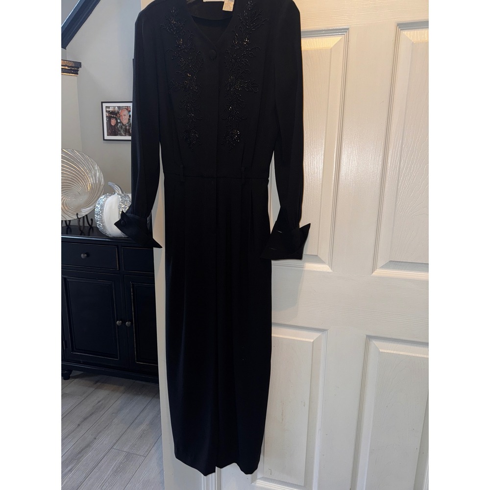 Liz Claiborne VINTAGE Petite Black Beaded Long Sleeve‎ Belted Jumpsuit Size 4 - Picture 3 of 8